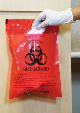 Stick on Biohazard Bags in use