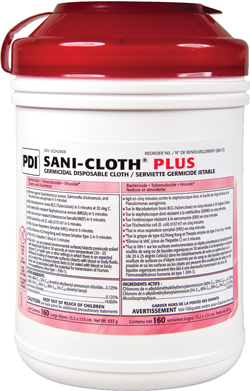 Sani Cloth Plus low-alcohol surface disinfectant wipes