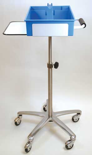 Mobile work station card with blue phlebotomy tray