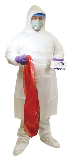 Model wearing PPE from the High Risk Protection Kit
